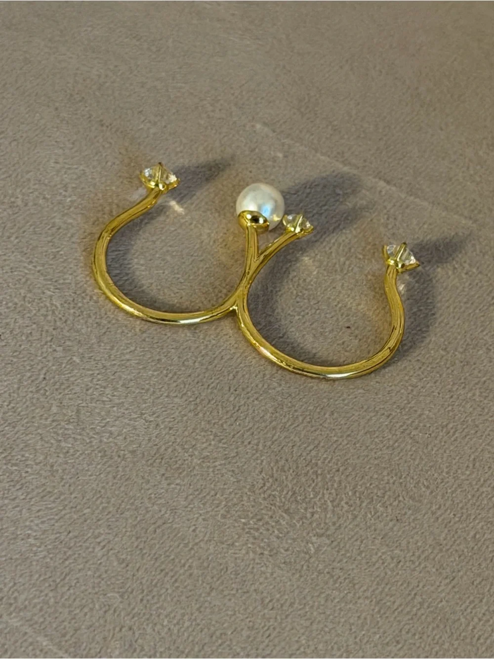 Gold Faux Pearl and Crystal Double Ring